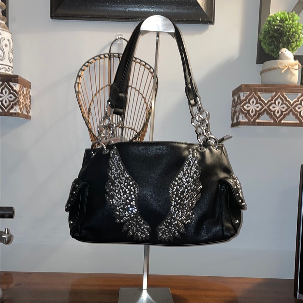 Black Shoulder Bag with Silver Embellishments( faux leather) NO-CALL-OUTS